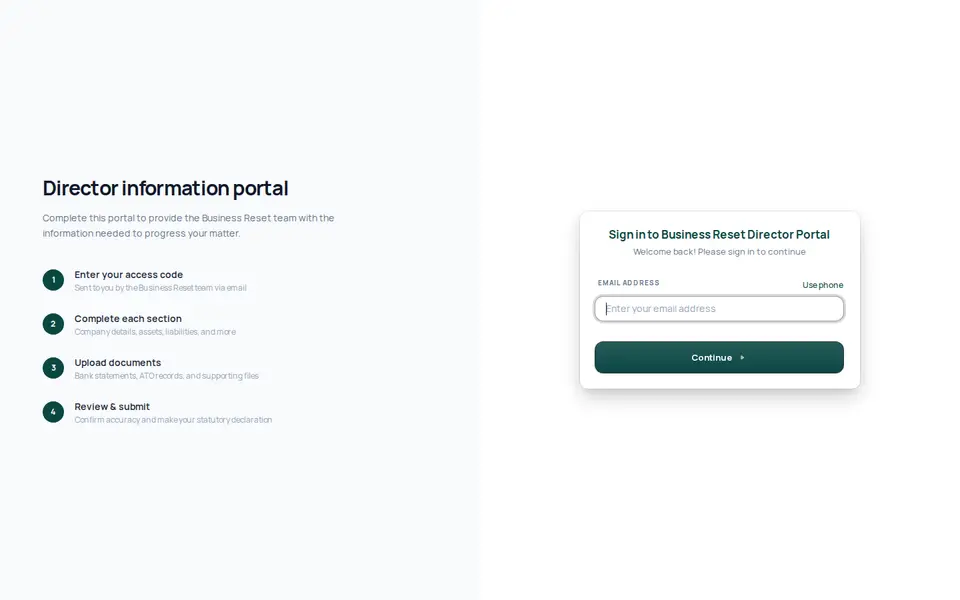 Homepage of portal.businessreset.com.au