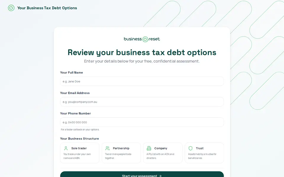 Homepage of start.businessreset.com.au